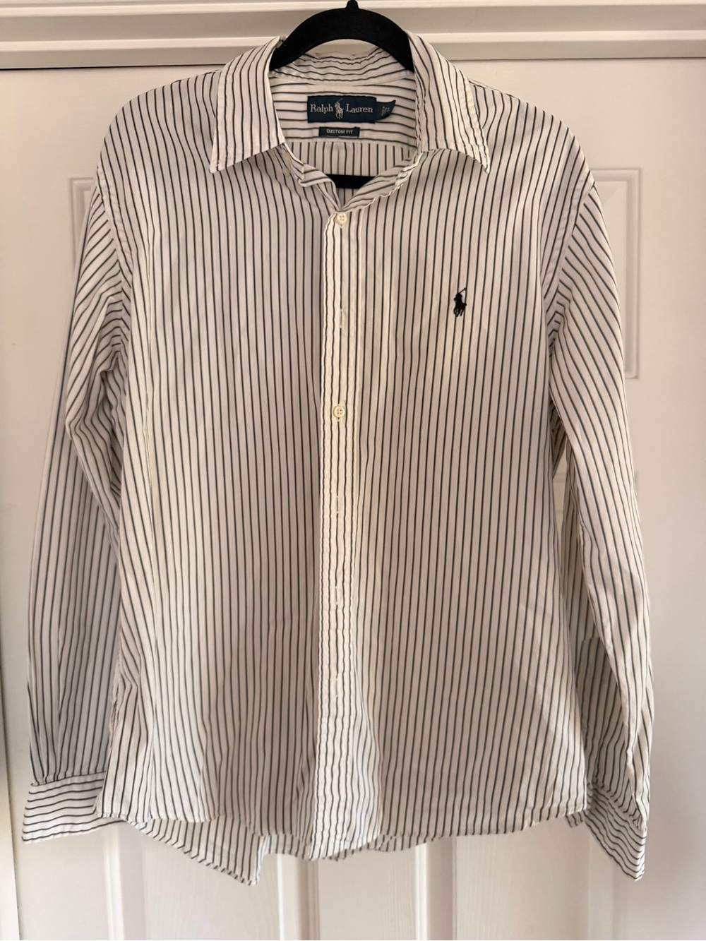 Ralph Lauren Button White Shirt with Navy Pinstripes Custom Fit Sz L